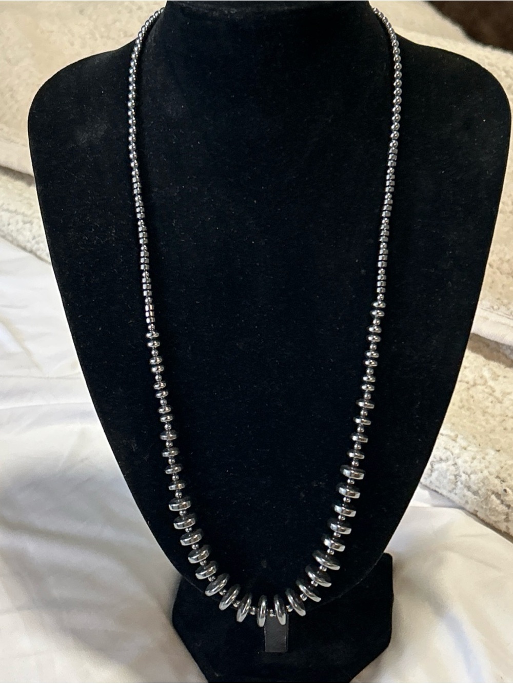 HEMATITE Long 24” Strand Graduated Disc And Ball Glossy Beads Necklace Jewelry